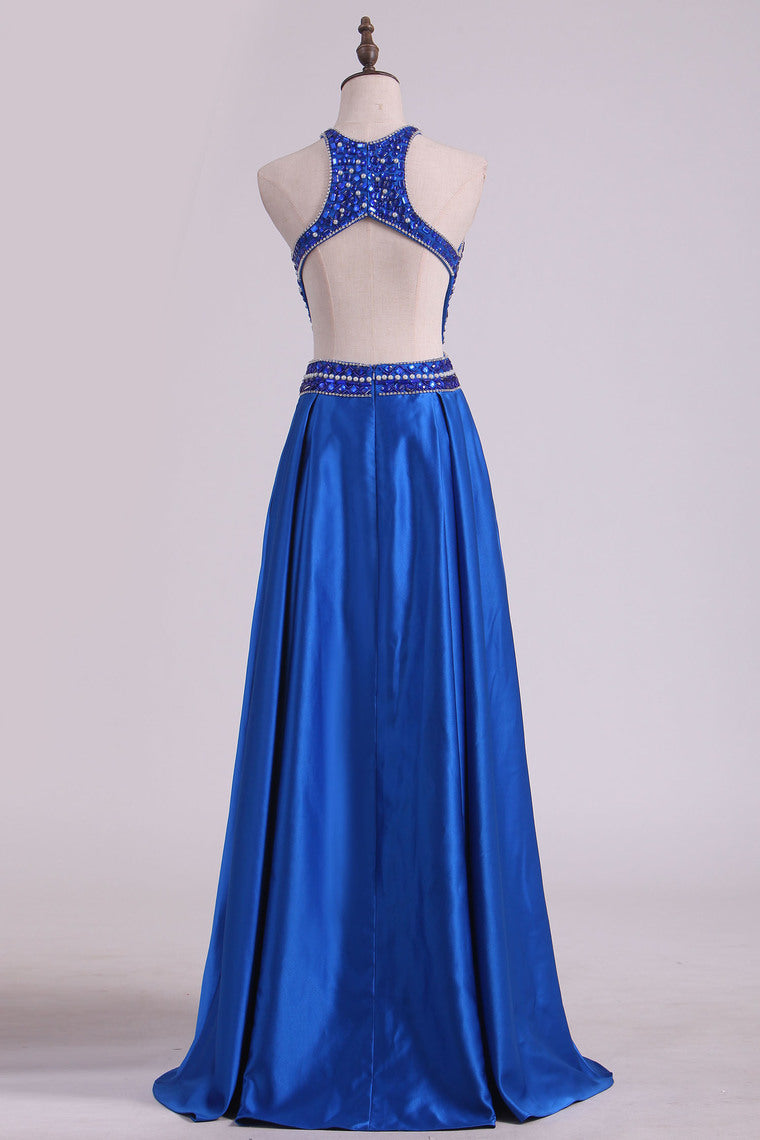 2022 Floor Length A Line Scoop Open Back Prom Dresses Satin Beaded Bodice