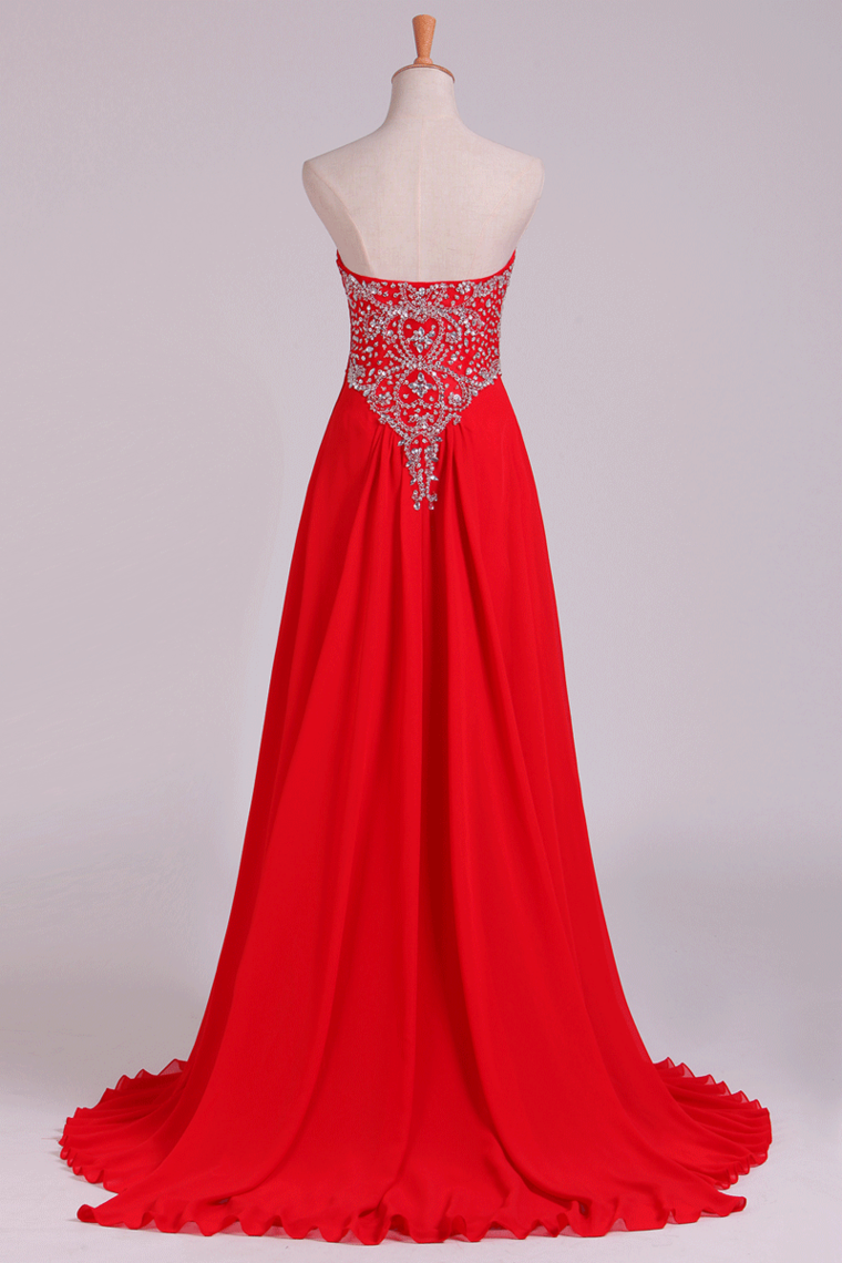 2022 Prom Dress Sweetheart A Line Floor Length With Beads Chiffon&Tulle