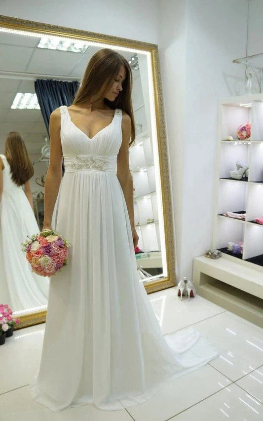 Greek Empire Strapped V-Neck Empire Chiffon Weddig Dress