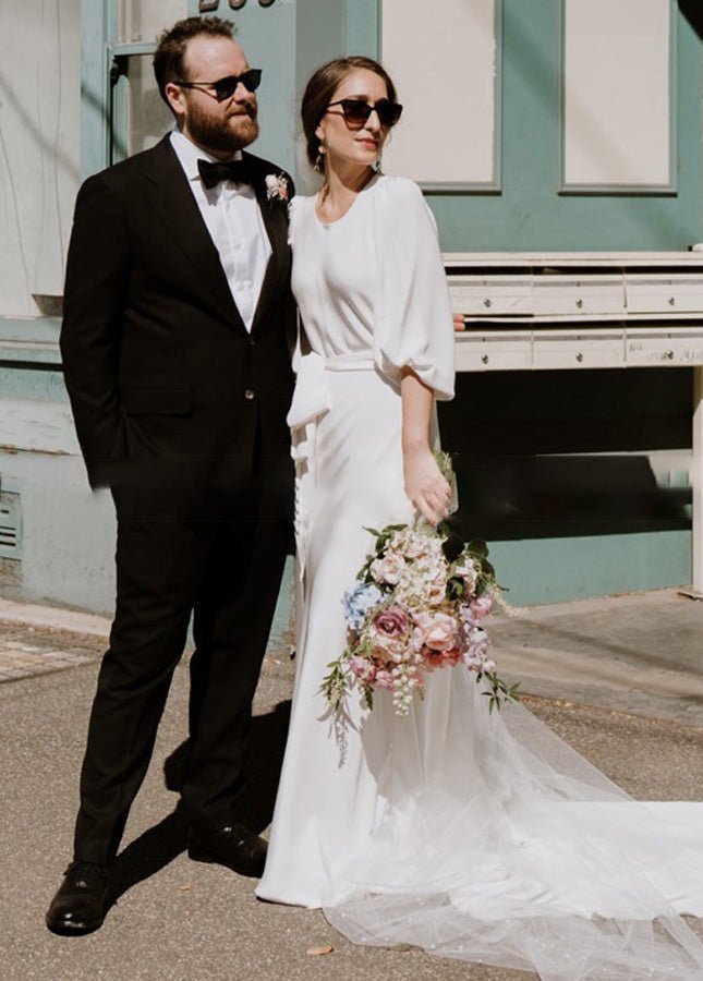 Simple Elegant Half Sleeves Crepe O-Neck White Wedding Dresses with Sash
