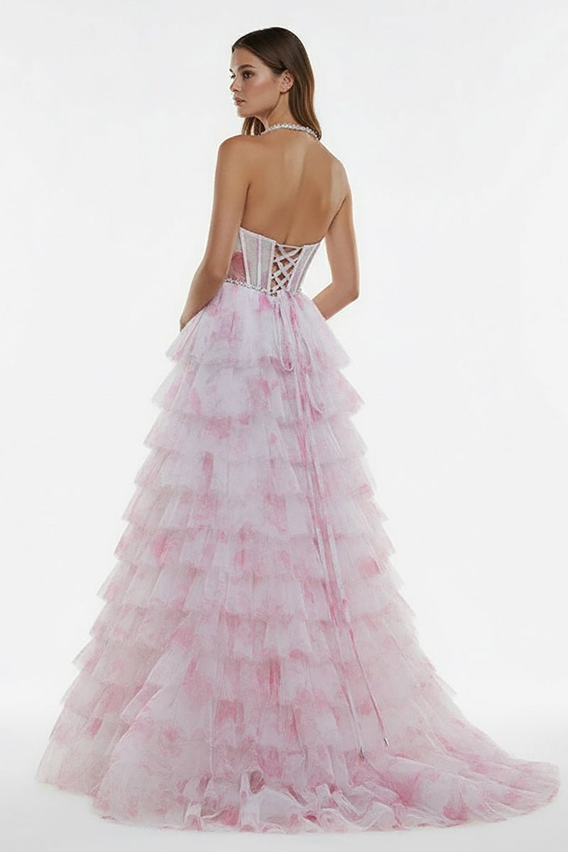 Inari | Pink - A Line Floral Tulle Ruffles Halter Long Prom Dresses with Beads