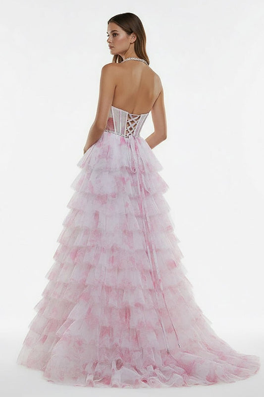 Inari | Pink - A Line Floral Tulle Ruffles Halter Long Prom Dresses with Beads