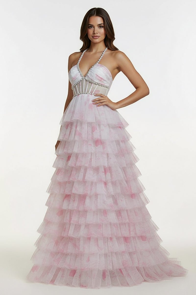 Inari | Pink - A Line Floral Tulle Ruffles Halter Long Prom Dresses with Beads