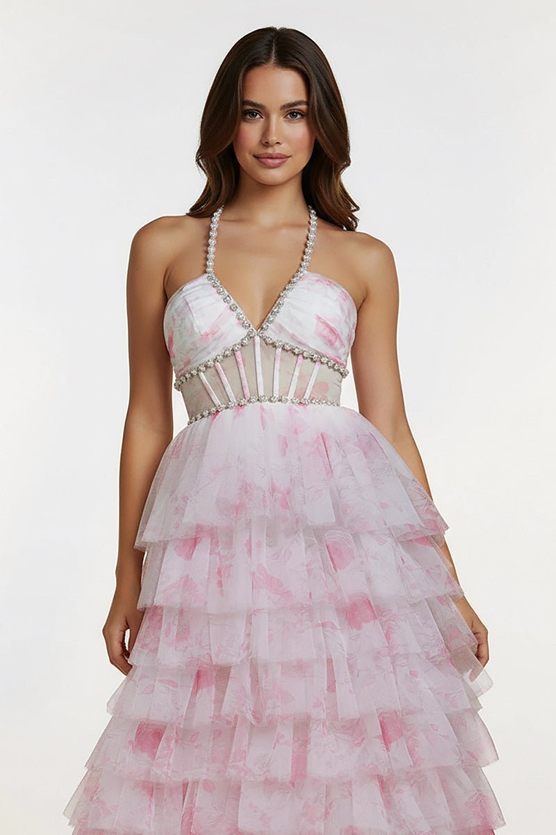 Inari | Pink - A Line Floral Tulle Ruffles Halter Long Prom Dresses with Beads