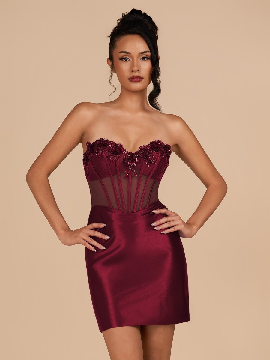 Indie | Burgundy - Bodycon Sequined Flowers Corset Sweetheart Homecoming Dress