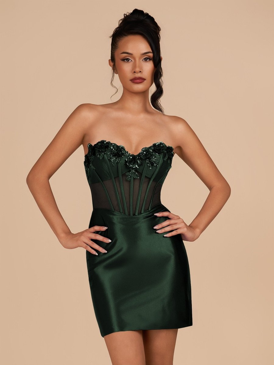 Indie | Dark Green - Bodycon Sequined Flowers Corset Sweetheart Homecoming Dress