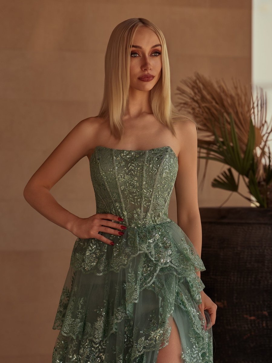 Kaisa | Sky Blue A Line Strapless Ruffle Sequin Lace Prom Dresses