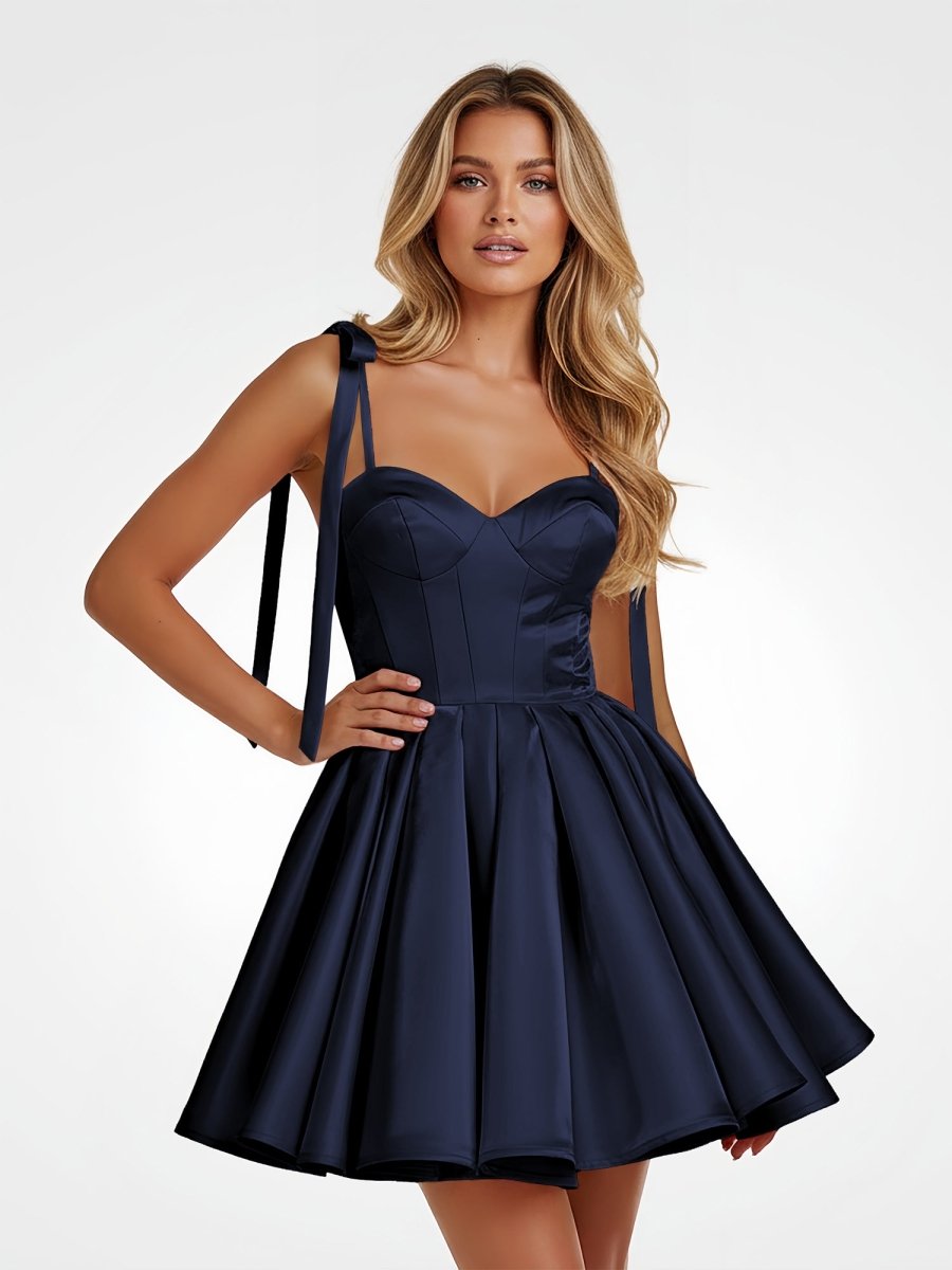 Mirel | Navy Blue - Spaghetti Straps Satin Pleated A Line Homecoming Dresses With Bow
