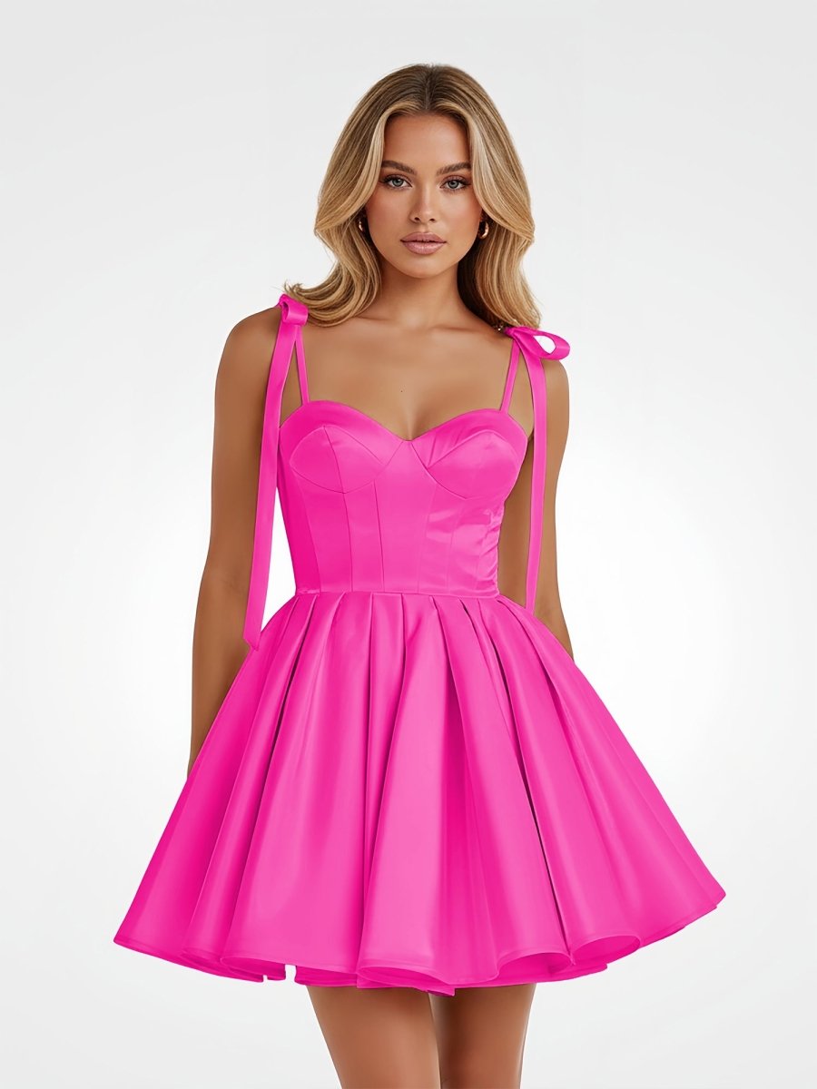 Mirel | Hot Pink - Spaghetti Straps Satin Pleated A Line Homecoming Dresses With Bow