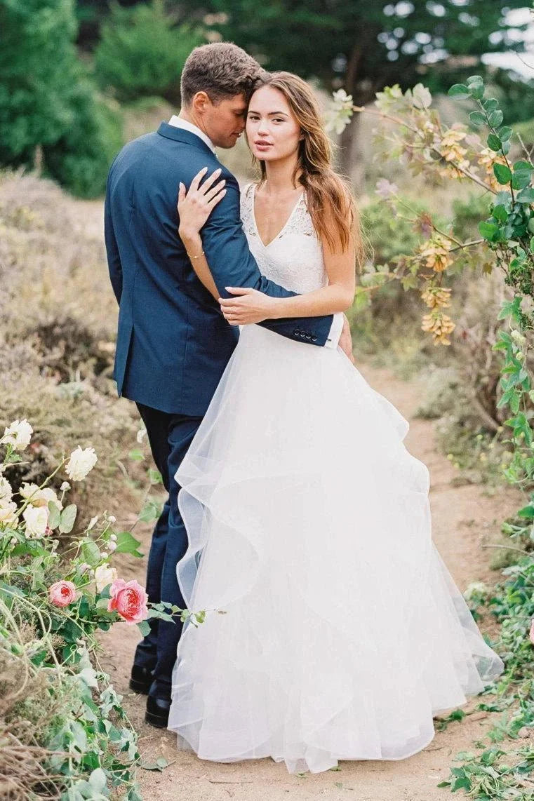 Multi Layered V-neck Tulle Wedding Dress With Ruffles