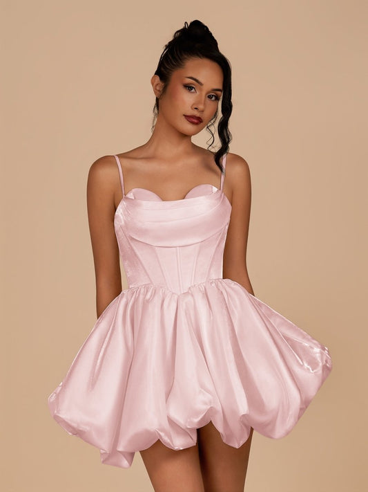Nica | Pink - A Line Bubble hem Satin Corset Sweetheart Homecoming Dresses