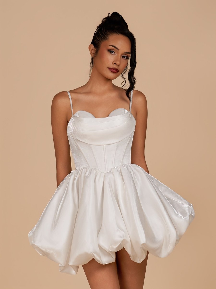 Nica | White - A Line Bubble hem Satin Corset Sweetheart Homecoming Dresses