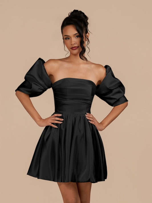 Perenna | Black - A Line Satin Square Neck Puffed Sleeves Short Homecoming Dresses