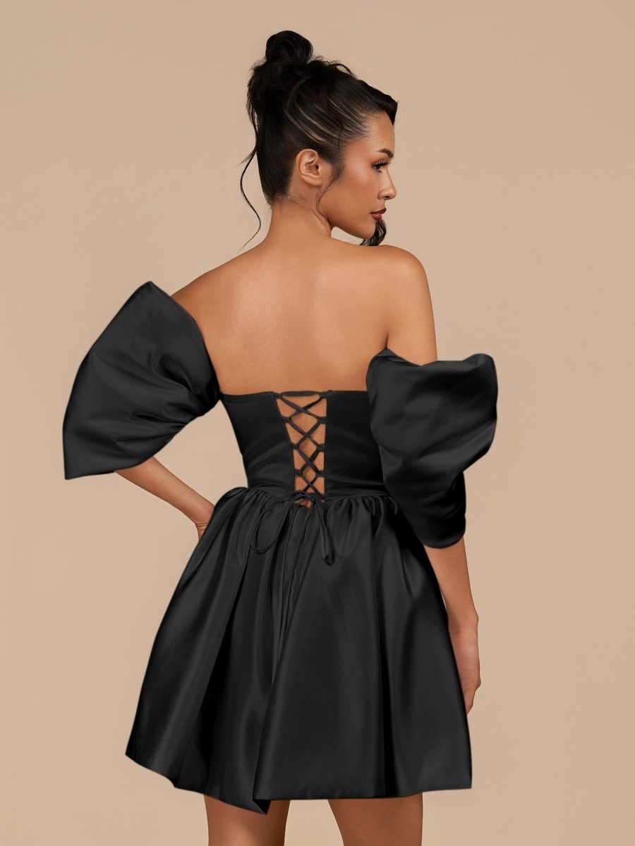 Perenna | Black - A Line Satin Square Neck Puffed Sleeves Short Homecoming Dresses