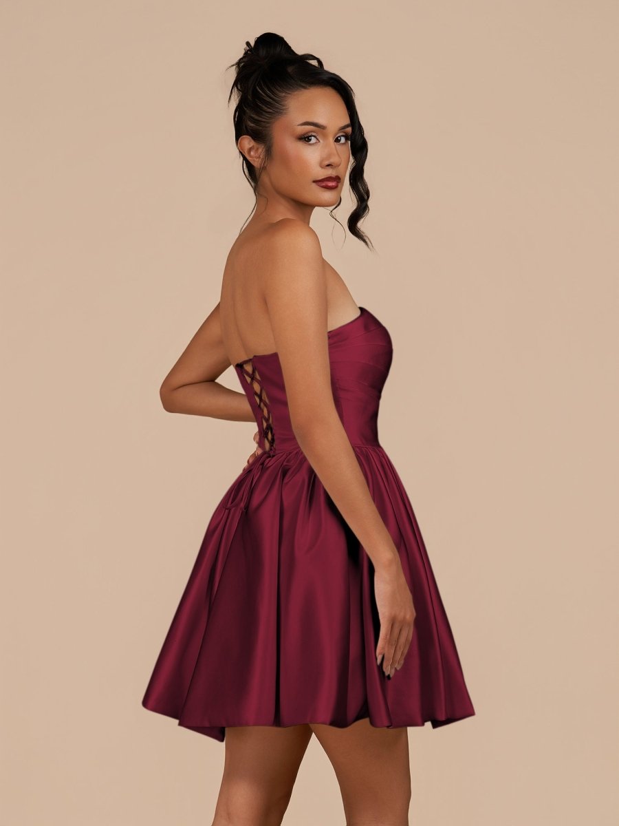 Perenna | Burgundy - A Line Satin Square Neck Puffed Sleeves Short Homecoming Dresses