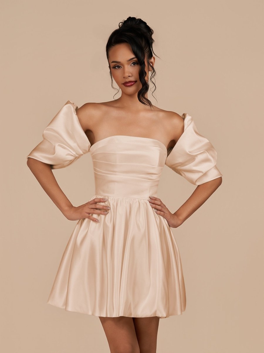 Perenna | Champagne - A Line Satin Square Neck Puffed Sleeves Short Homecoming Dresses