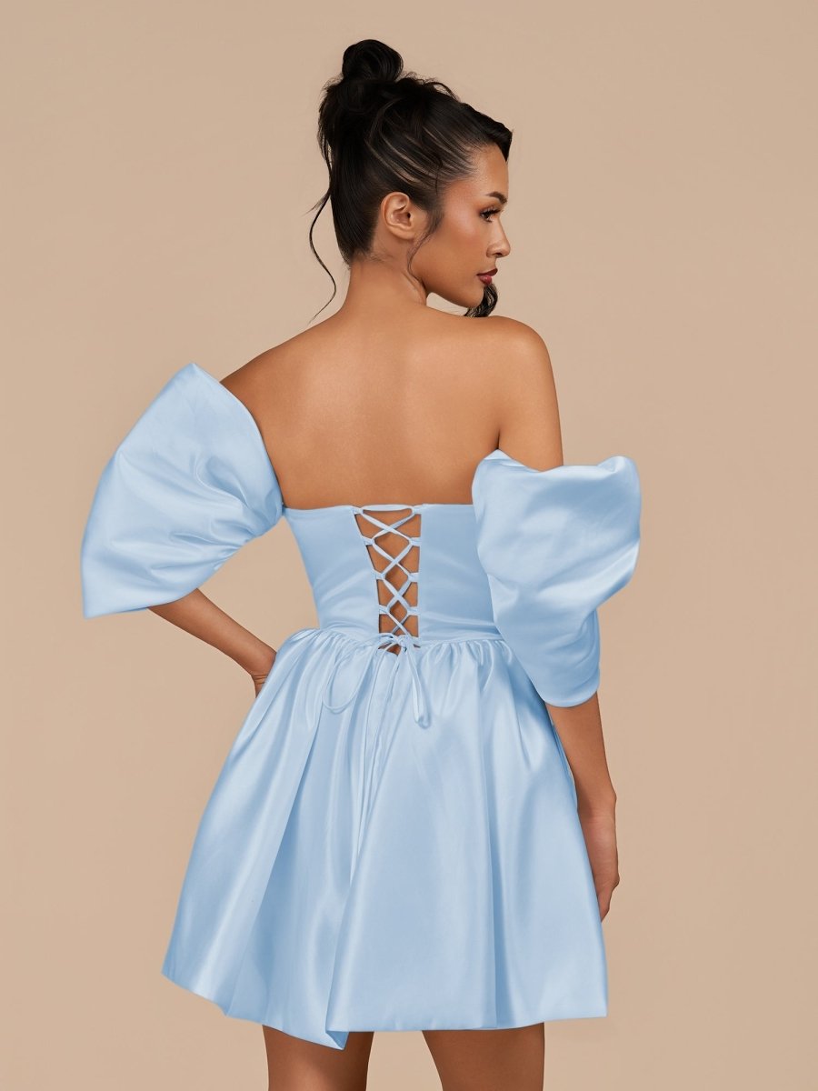 Perenna | Sky Blue - A Line Satin Square Neck Puffed Sleeves Short Homecoming Dresses