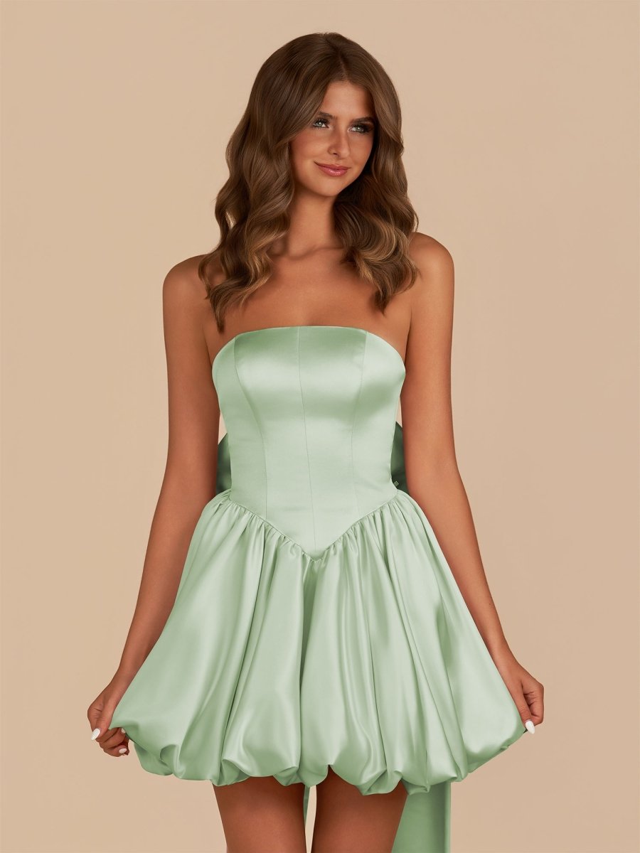 Raelee | Sage - Strapless A Line Satin Short Homecoming Dress With Bow