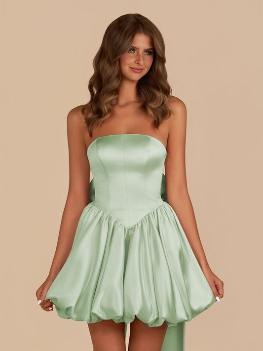 Raelee | Sage - Strapless A Line Satin Short Homecoming Dress With Bow