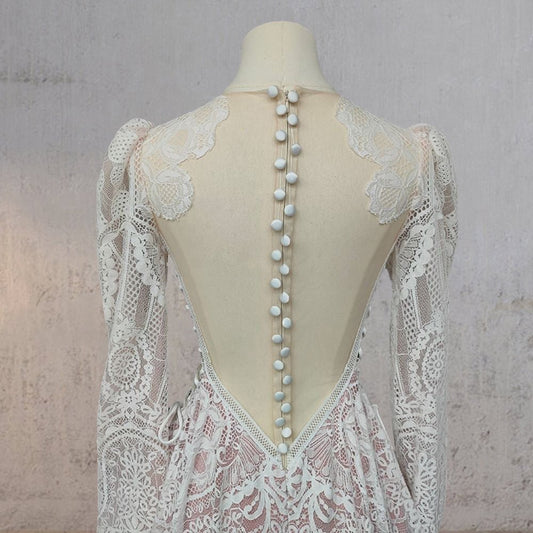 Ruched Bohemian Lace Round Neck Wedding Dress