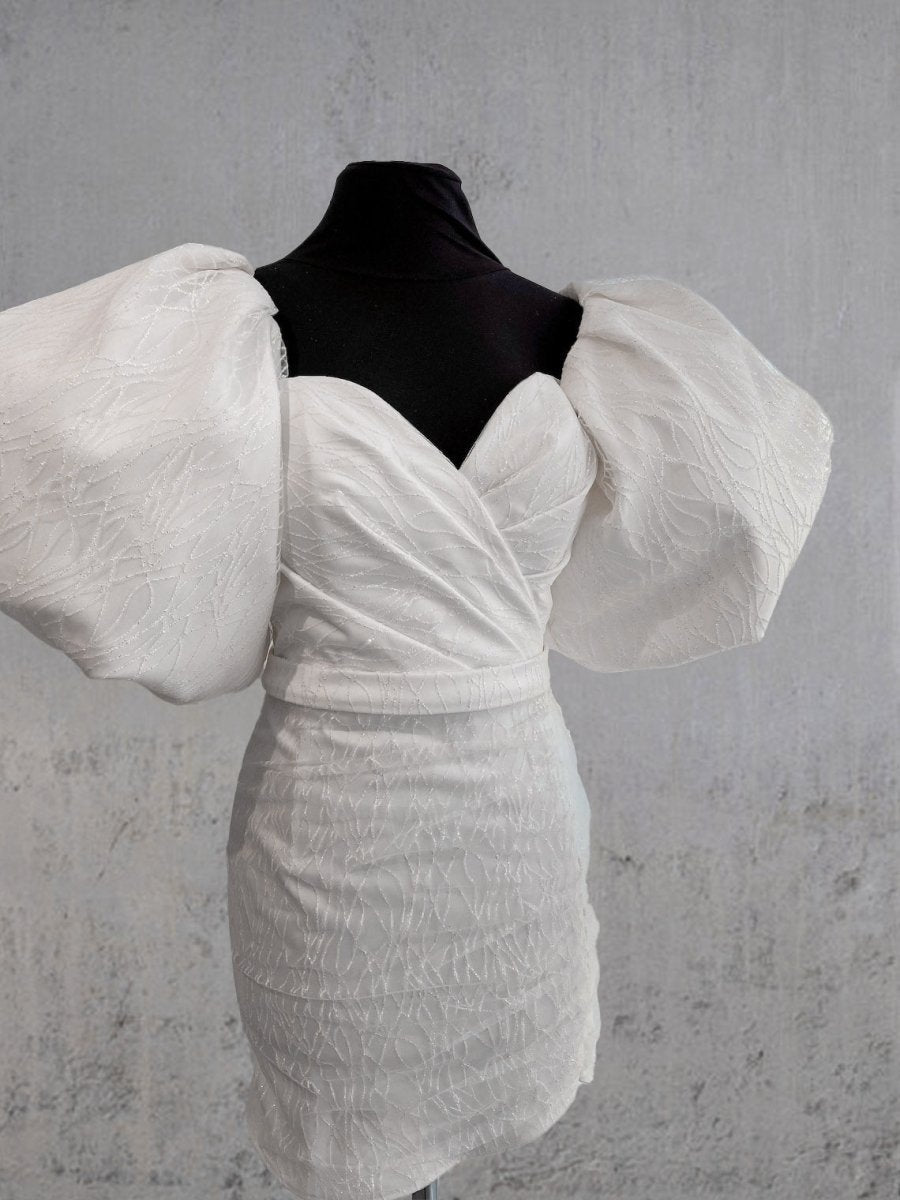 Madison | Sheath White Puff Sleeves Short V-Neck Wedding Dress