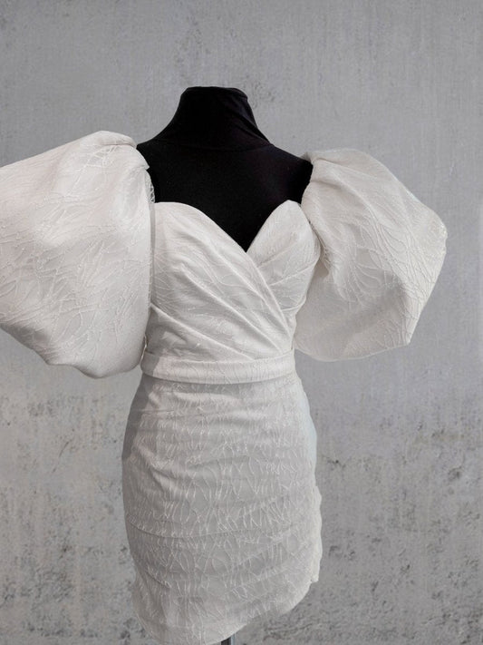 Madison | Sheath White Puff Sleeves Short V-Neck Wedding Dress