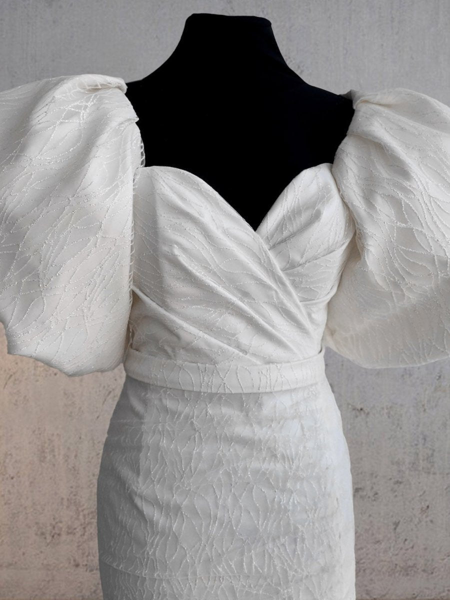 Madison | Sheath White Puff Sleeves Short V-Neck Wedding Dress