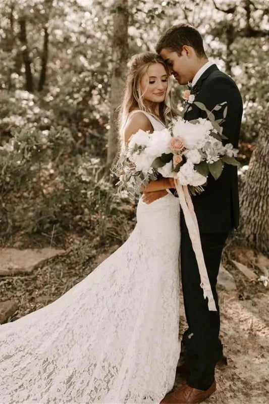 Simple Lace Sleeveless Deep-V Back Bridal Gown with Sweep Train