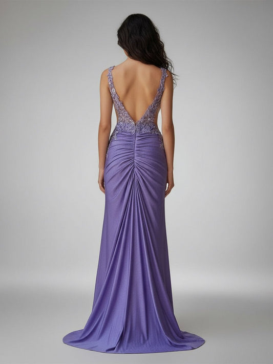 Solstice | Charming Mermaid V Neck Sage Green Slit Prom Dresses with Appliques