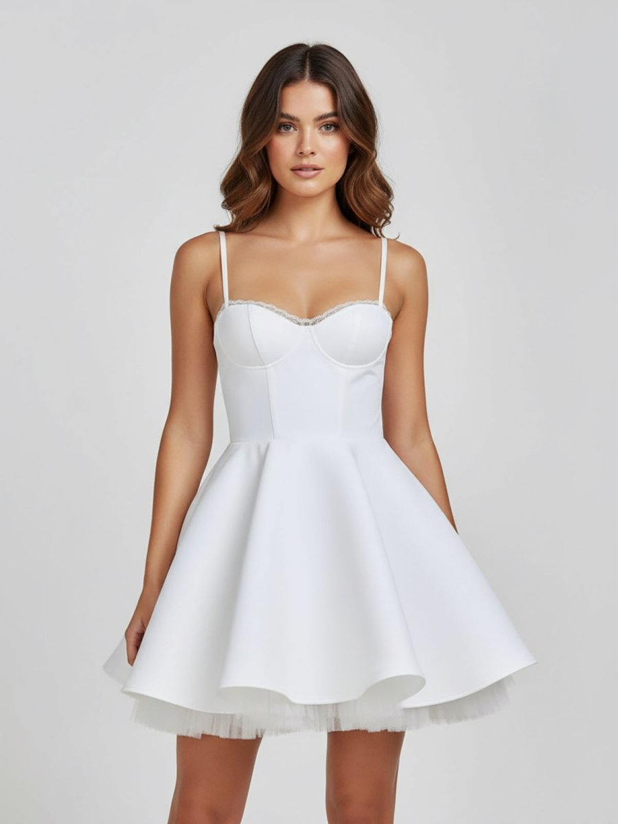 Spinel  | White - Spaghetti Straps A Line Satin Short Homecoming Dress With Lace