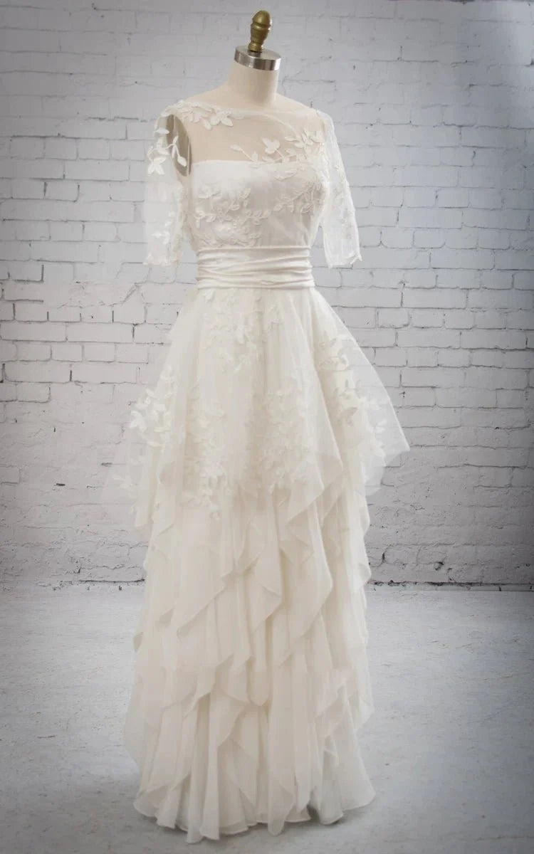 Stunning Illsion Neck Half-sleeved Ruffled Dress With Removable Embriodery Peplum