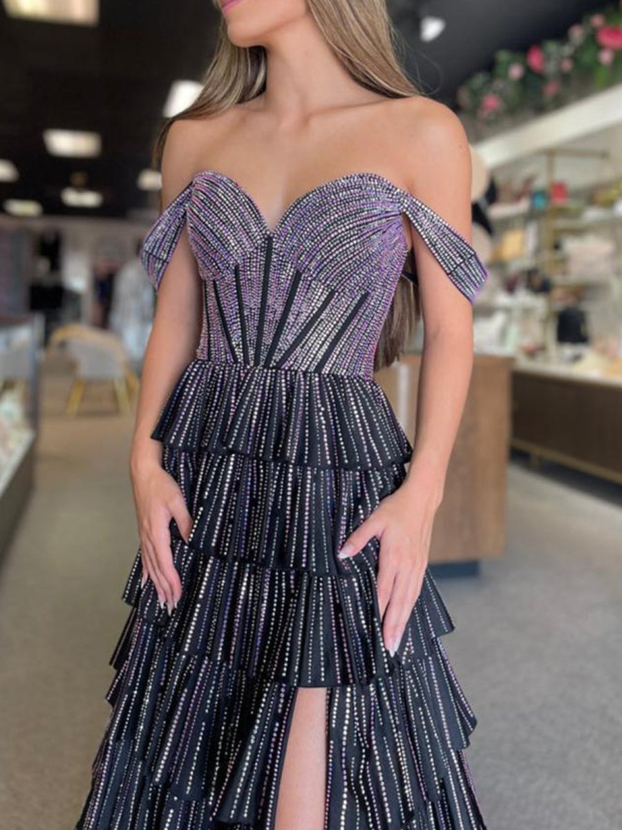 Verve | A Line V Neck Satin Tiered Long Prom Dresses With Beads