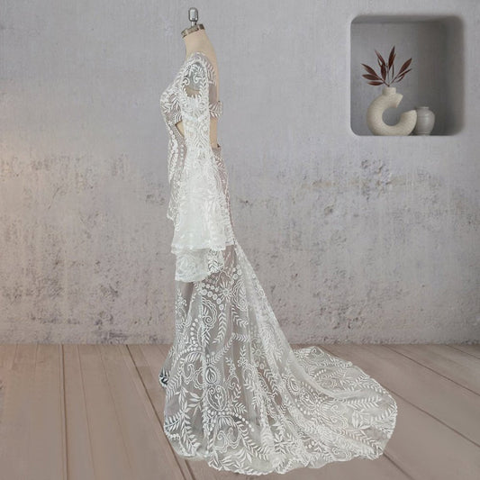 White Mermaid Enchantment Flower Prints Wedding Dress